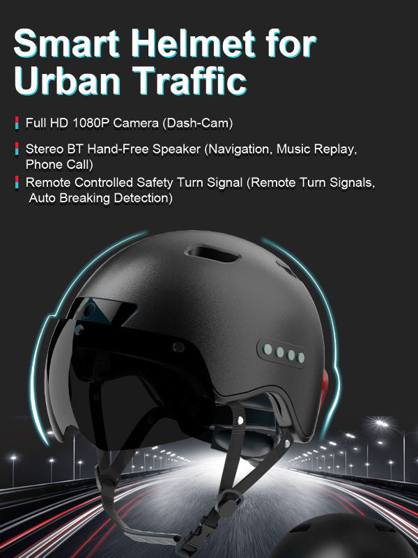 Bluetooth Calling Smart Helmet med inbyggd körning Recorder Camera, Detachable Visor, Turn Signal Taillight, för Urban Commuter