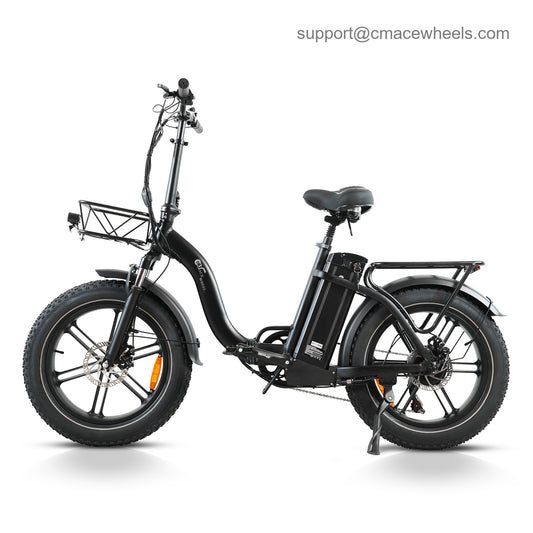 CMACEWHEEL Y20 PRO folding electric bike side view with front basket and rear cargo rack
